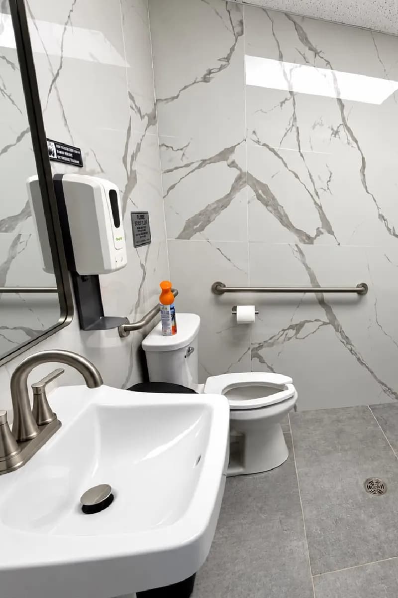 Restroom with white marble walls, sink, toilet and grab bars