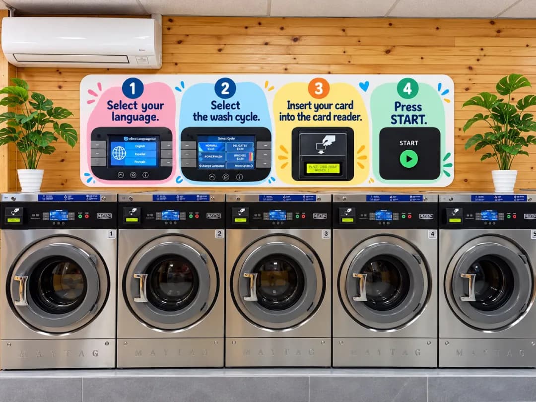 Sign with the 4 steps for using the washers, above a row of Maytag washers inside TOP Laundromat